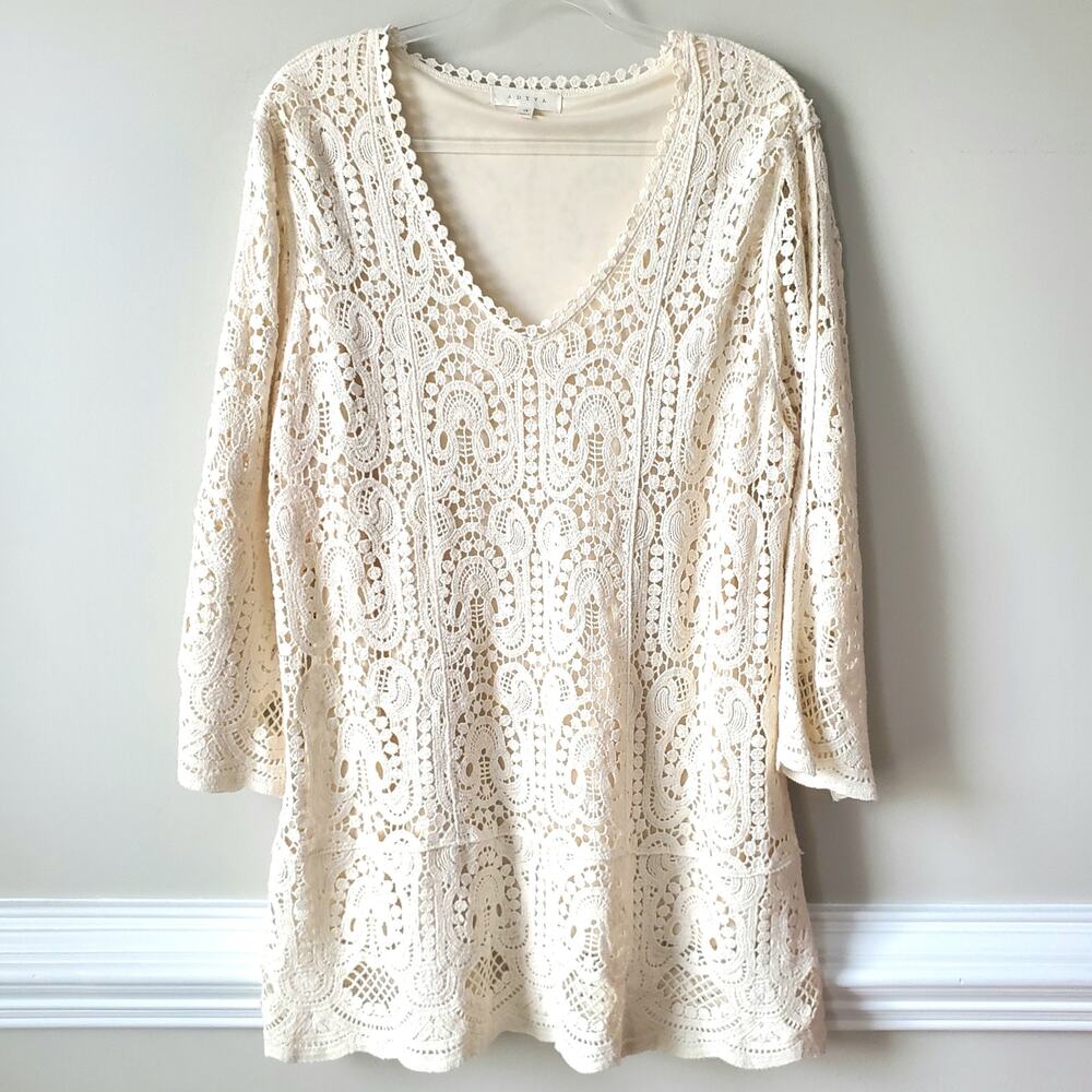 Women Adiva Cream Crochet Tunic Top 1X Boho Hippie Chic Beach Cottage Coast NEW
